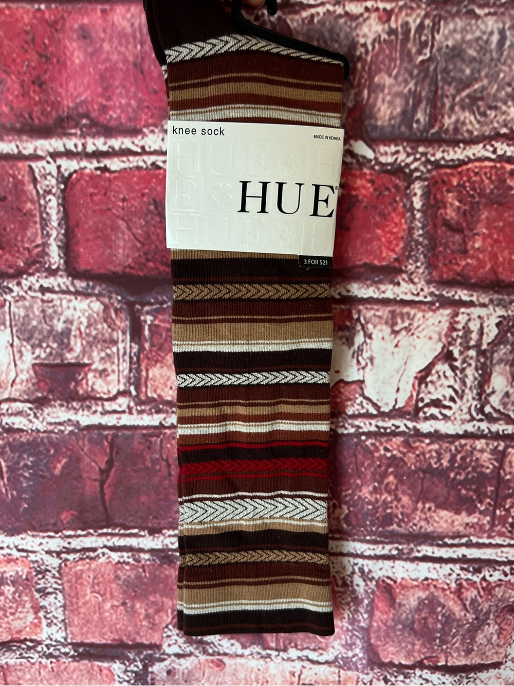HUE Herring Stripe Knee Socks Espresso Brown Multi Cotton Blend NWT OS